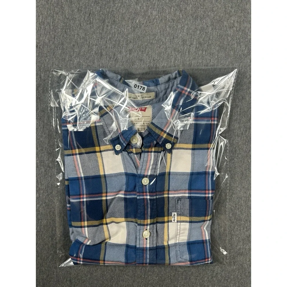 Levi's Men's‎ Slim Fit Short Sleeve Plaid Button Down Shirt Blue Yellow Large